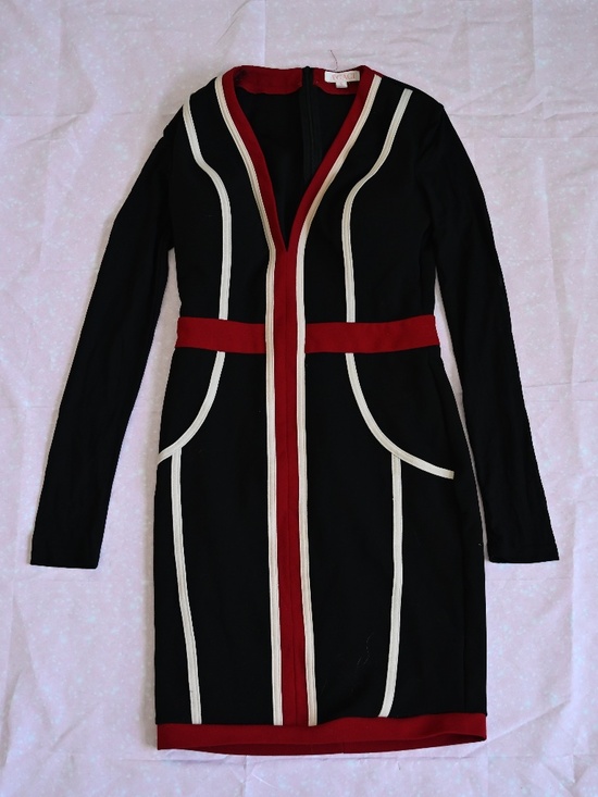 Agaci Black Long-Sleeve Mini Dress w/ White & Burgundy Stripes – Size S - Picture 1 of 3